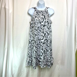 MSK Grey White Dress W. Clear Sequins Round Gathered‎ Neck A-Line Stretch Medium